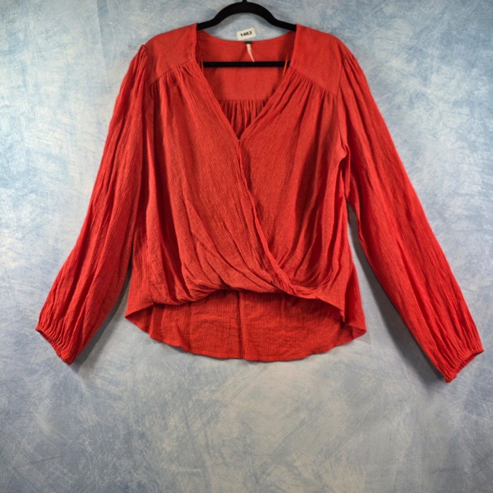 Free People Womens Coral Orange Gauze Wrap Surplice Long Sleeve Blouse Size M‎